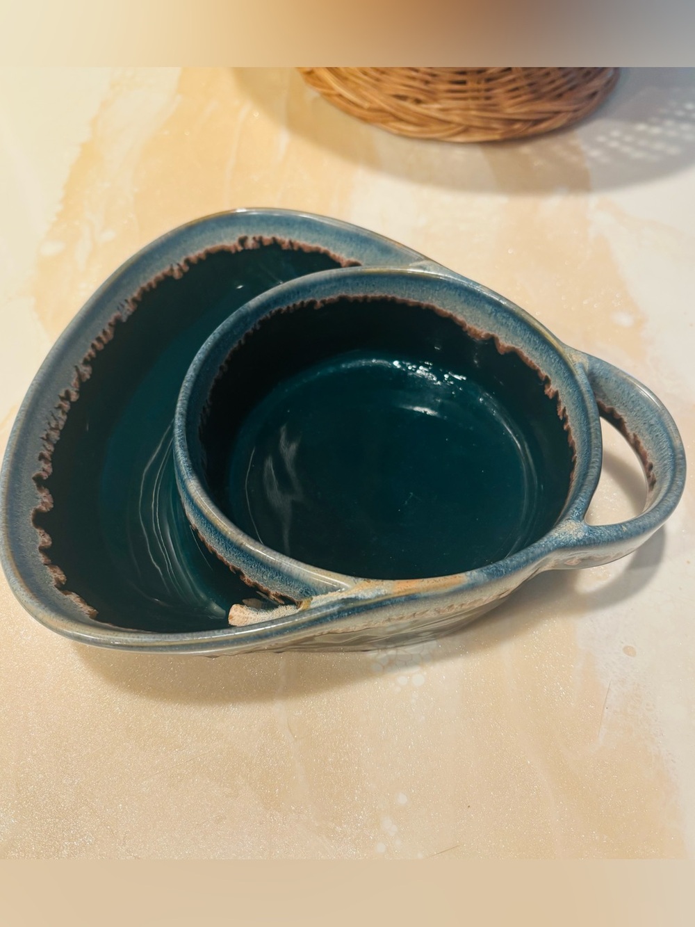 Handmade Ceramic Serving Bowl Set in Deep Teal